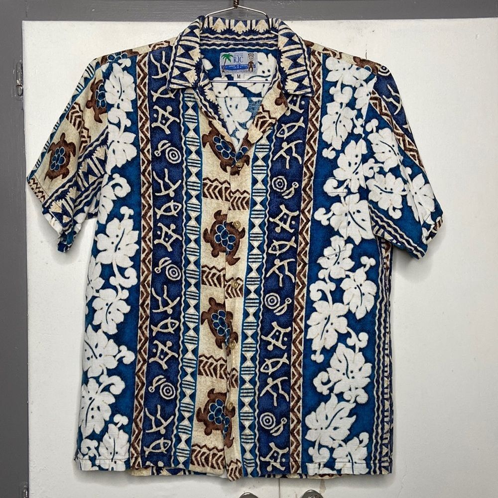 Vintage RJC Hawaiian Island Camp Shirt Turtles Hieroglyphs Hibiscus Mens Size M